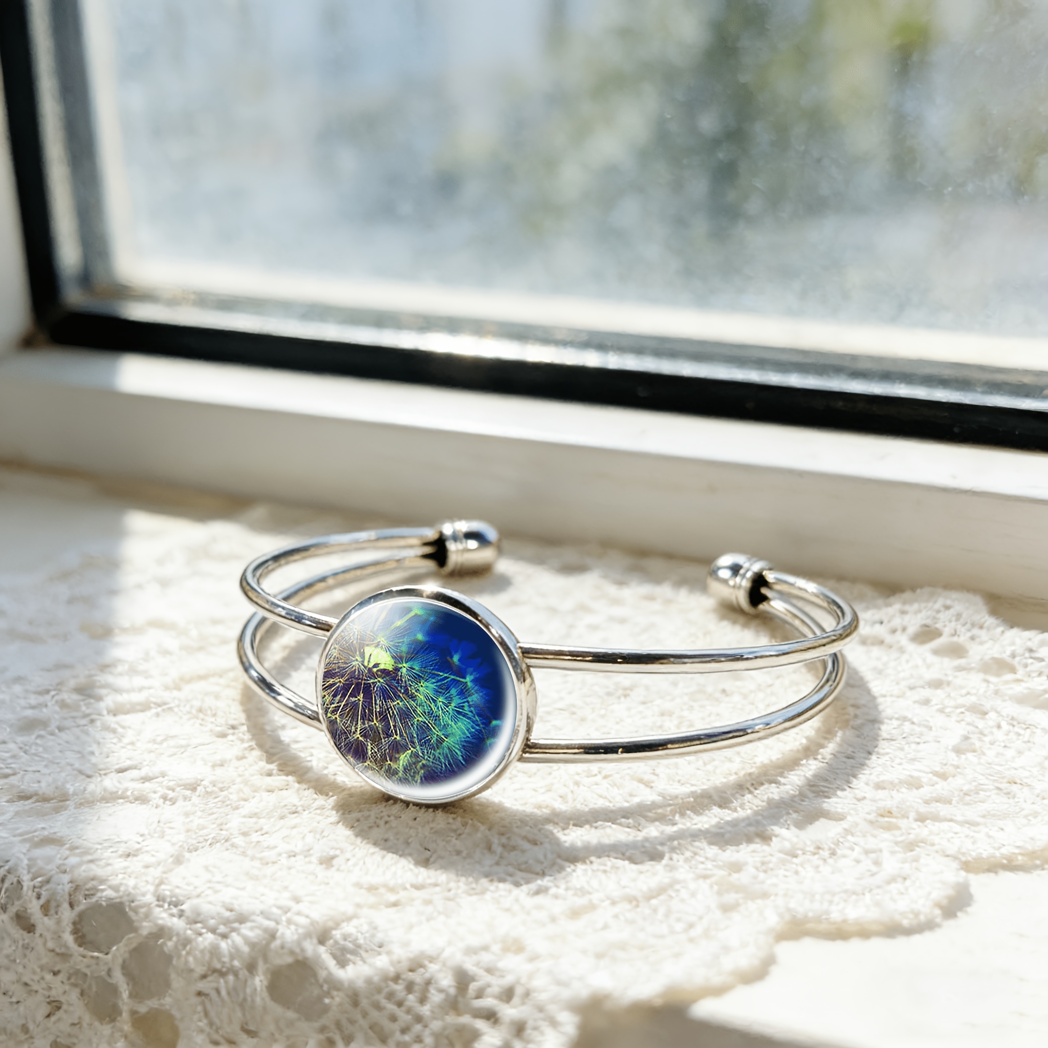 Adjustable Classic Round Gemstone Inlaid Open Bangle Bracelet